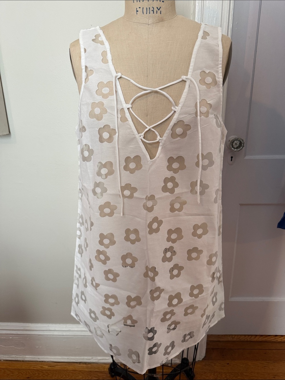 NWOT RVCA White Mini Dress, Coverup or Sheer Floral Print With Lace-Up Front